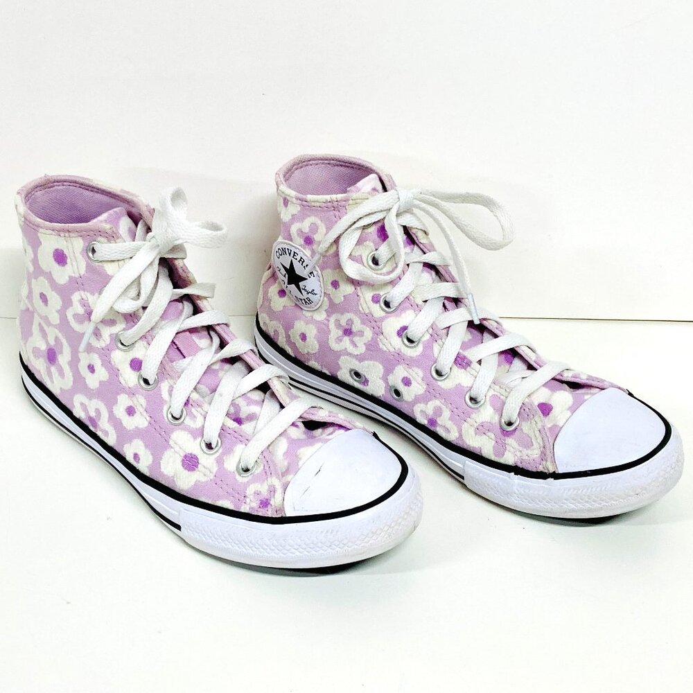 Girls Converse Hi Top Sneakers Size 3 Lavender Purple Flowers All Star